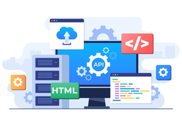 application programming interface concept, api provides the interface for communication between applications, software development tool, internet and networking, simplifying application integration - 系統(tǒng)軟件 幅插畫檔、美工圖案、卡通及圖標(biāo)